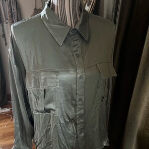 Army green satin oversized button up blouse medium
